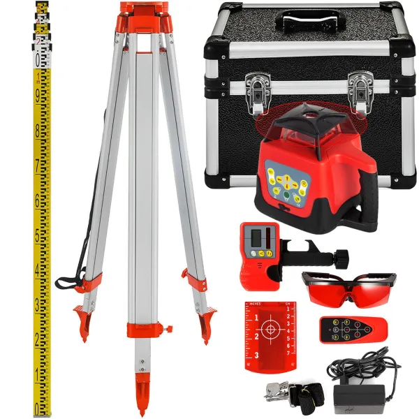 Niveau Laser Rotatif avec Trépied et Mire — Portée Mesure 500 m Kit Laser Rotatif avec Trépied et Mire — 5 m Mire