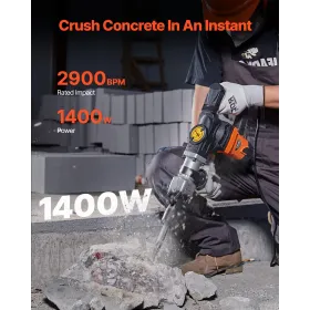 Marteau de Démolition 1400 W Marteau-Piqueur 19 J 2900 BPM Marteau Perforateur avec 2 Burins Remplaçables Poignée