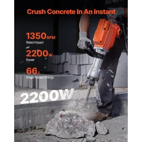 Marteau de Démolition 2200 W Marteau-Piqueur 66 J 1350 BPM Marteau Perforateur avec 6 Burins Remplaçables Poignée