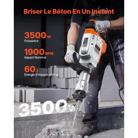 Marteau de Démolition 3500 W Marteau-Piqueur 60 J 1900 BPM Marteau Perforateur avec 2 Burins Remplaçables Poignée