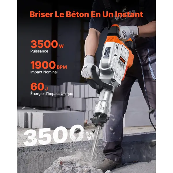 Marteau de Démolition 3500 W Marteau-Piqueur 60 J 1900 BPM Marteau Perforateur avec 2 Burins Remplaçables Poignée