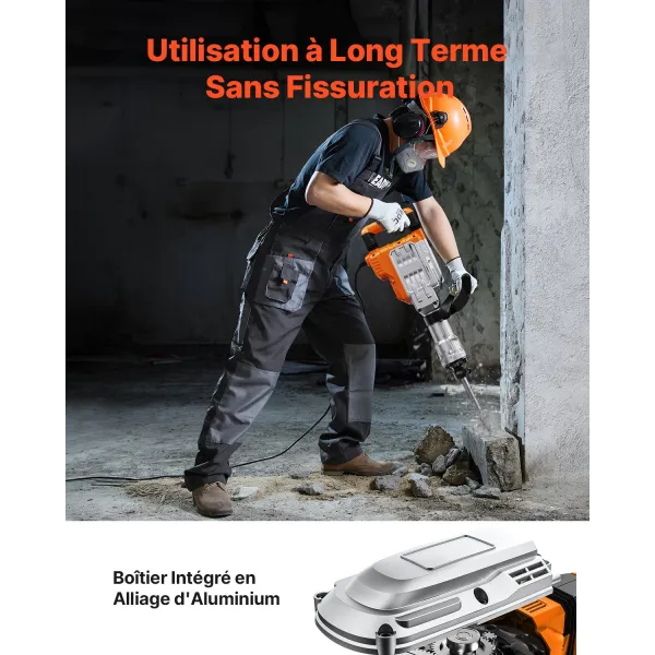 Marteau de Démolition 3500 W Marteau-Piqueur 60 J 1900 BPM Marteau Perforateur avec 2 Burins Remplaçables Poignée