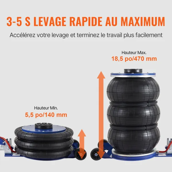 Cric Pneumatique 5 tonnes Plage 140-470 mm Cric de Levage Pneumatique 0,8-1,0 MPa 3 Coussins d’Air Poignée Longue