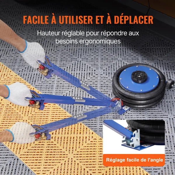 Cric Pneumatique 5 tonnes Plage 140-470 mm Cric de Levage Pneumatique 0,8-1,0 MPa 3 Coussins d’Air Poignée Longue