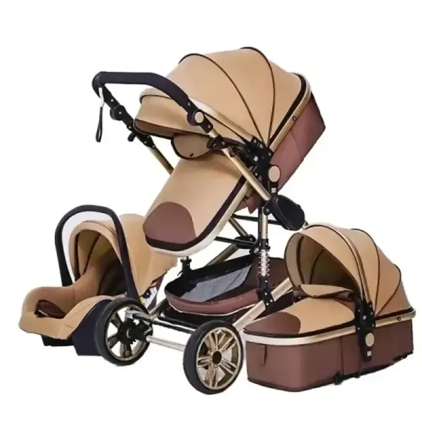 Poussette bébé 3 en 1 combinée, réversible et tout-terrain couleur camel