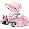 Poussette bébé 3 en 1 combinée, réversible et tout-terrain, couleur rose
