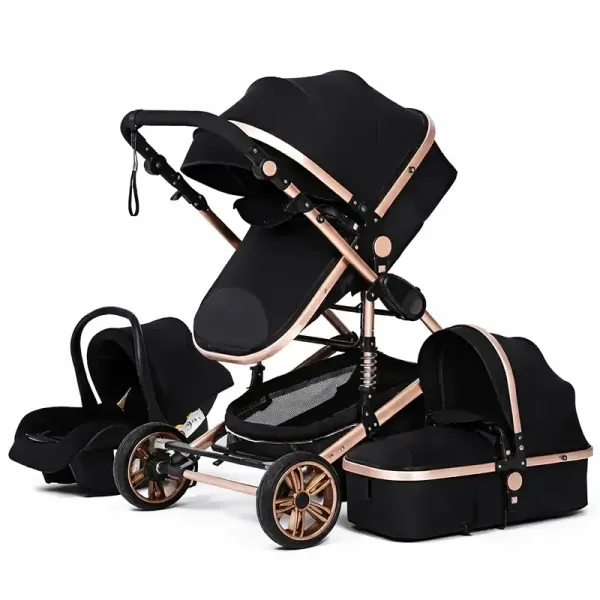 Poussette bébé 3 en 1 combinée, réversible et tout-terrain, couleur noire et dorée