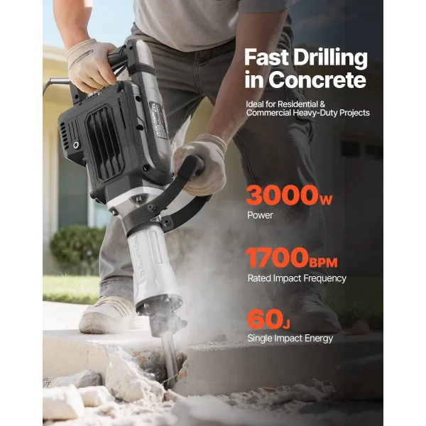 Marteau Piqueur de Démolition 3000 W — Burineur Électrique 1700 BPM — Brise-béton avec Burin Pointu