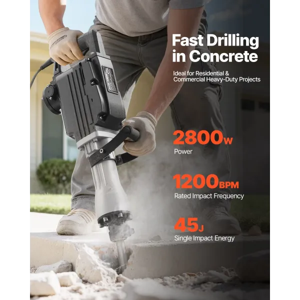 Marteau Piqueur de Démolition 2800 W — Brise-béton avec 2 Burins — Burineur Électrique 1200 BPM