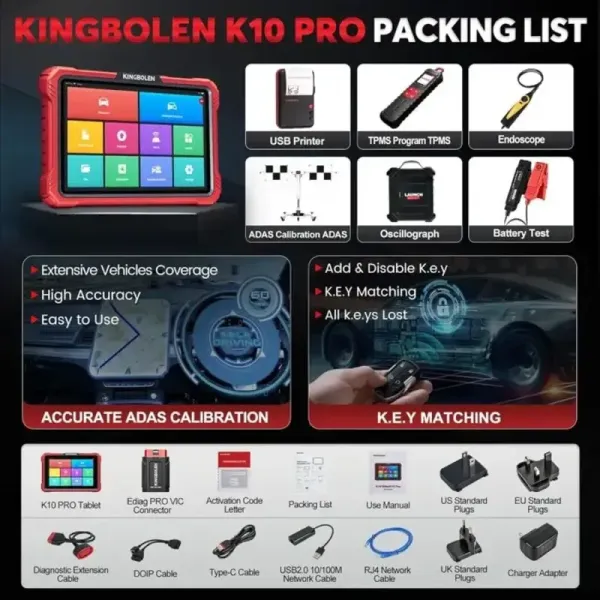 packing list Valise diagnostic auto KINGBOLEN K10 Pro