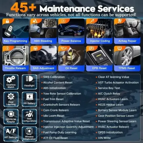 + de 45 services de la valise diagnostic XTOOL D9S